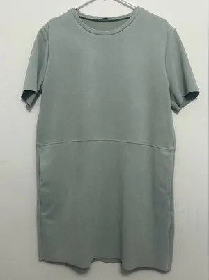 Zara women’s size L Sage Green Shift Dress Raw Hem Short Sleeve Pockets(A425)✨ thumbnail 1