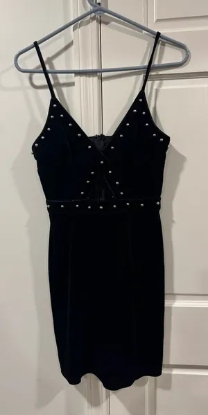William B Black Studded Velvet Mini Dress with Spaghetti Straps thumbnail 1
