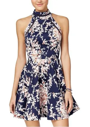 B. Darlin Womens Floral Printed Mini Halter Pleated Fit & Flare‎ Dress thumbnail 1