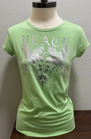 Y2K Lola V-Neck Green T-Shirt Slim Top Silver Graphic VTG L thumbnail 1