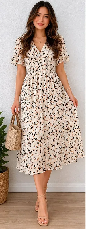 BloomChic Cream Midi Dress with Black and Brown Leaf Print thumbnail 1