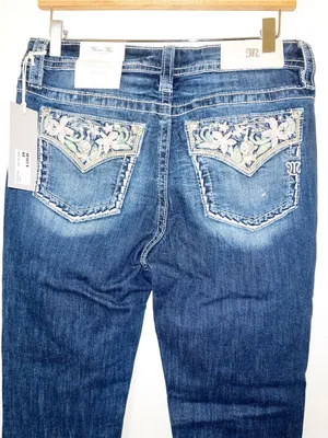 Miss Me Los Angeles Floral Pocket Detail Dark Washed Mid-Rise Straight Leg Jeans thumbnail 7