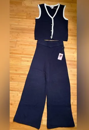 Sincerely Jules Women’s 2Pc Navy Knit Sweater Set,Vest+Wide/Flare leg Pants|SZ:S thumbnail 1