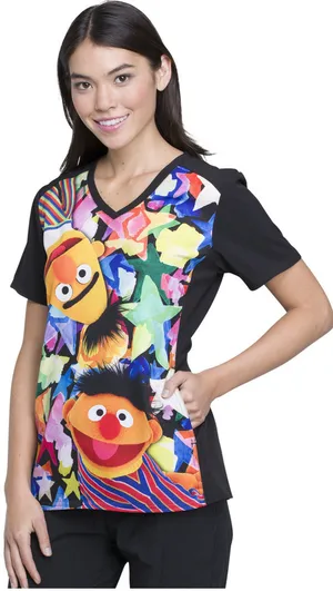 Sesame Street Bert and Ernie Scrub Top Women’s Nurse V Neck Pockets Medium thumbnail 1