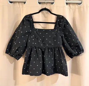 NWT Free Assembly Black Puff-Sleeve Square-Neck Peplum Top thumbnail 1