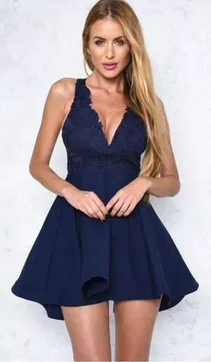 Xenia Navy V Neck Crochet MIDI Dress US 2 New With Tags Semi Formal thumbnail 1