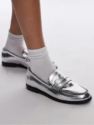 NEW Free People Leather Blanket Stitch Loafers Metallic Silver Size 8 thumbnail 2