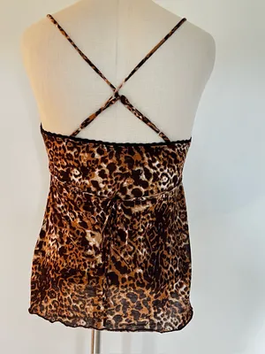 Y2K Leopard Print Spaghetti Strap Babydoll Flowy Top with black lace trim I thumbnail 6
