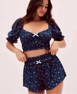 For Love And Lemons Lola Pointelle Blue Floral Coquette Puff Sleeves Crop Top XS thumbnail 3