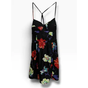 American Eagle Floral Mini Dress Black Sweetheart Neck Smocked Back Pockets XS thumbnail 4