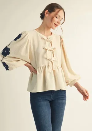 Jodifl Cream Balloon Sleeve Bow Front Peplum Blouse Navy Floral Crochet L thumbnail 1