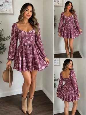 Altar’d State Floral Long Sleeve Mini Dress Mauve Size M thumbnail 2