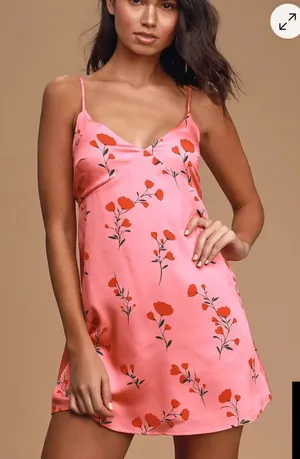 Lulu's Coral Pink Floral Satin Slip Dress thumbnail 1