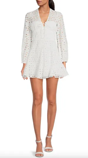 Gianni Bini Katrina Eyelet Mini Dress Cotton Long Sleeve A Line White Large NWT thumbnail 1