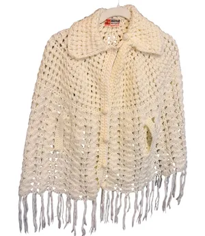 VTG San Yueh Hand Crochet Capelet Cream Fringe Button Front Small Boho Cottage thumbnail 1
