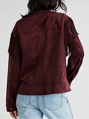 Free People Western Fringe Faux Suede Cosmic Karma Jacket In Wine Size Large thumbnail 5