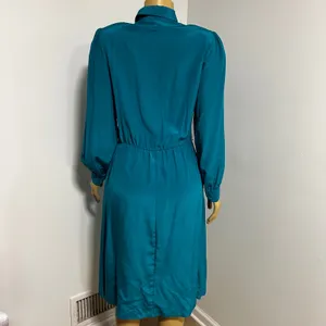Vintage Tracer Silk Dress Teal Blue Button Front Puff Sleeve Midi‎ Medium 12 thumbnail 5