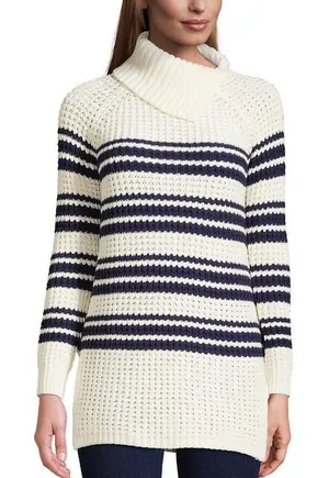Lands End Navy Blue White Striped Knit‎ Sweater Tunic Size Small Cotton Collar thumbnail 1
