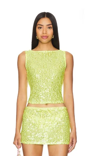 Lovers + Friends Erin Sequin Crop Top Mini Skirt Set Lime Green NWT Size Small thumbnail 1