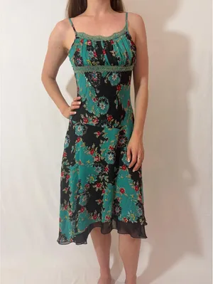 Blue Floral Paisley Mesh Fairy Sequin Silky Vintage Midi Dress thumbnail 7