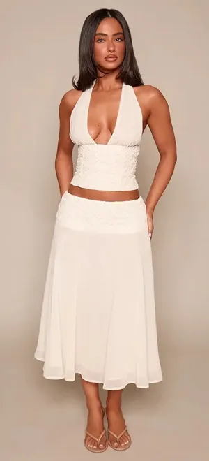 PrettyLittleThing PETITE CREAM WOVEN WAISTBAND SHEER MAXI SKIRT & TOP SET SZ 8P thumbnail 1