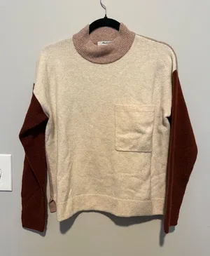 Madewell Womens Colorblock Mock Neck Sweater Cream Mauve Brown Small thumbnail 1