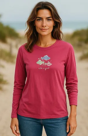 Life is Good Womens Small Long‎ Sleeve Mauve Pink Tee Fish thumbnail 1