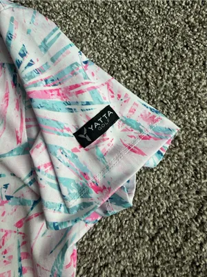Yatta Golf Women’s M Pink Teal Tropical Palm Print Polo Shirt 19/24 Logo thumbnail 5