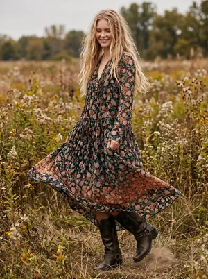 Free People See It Through Maxi Dress in Black Combo Large Floral Prairie Boho thumbnail 2
