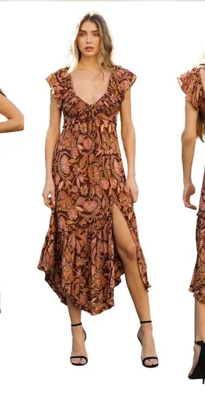 Vintage Angie Autumn Petals Brown Floral Boho Maxi Dress Size Small NWOT thumbnail 1