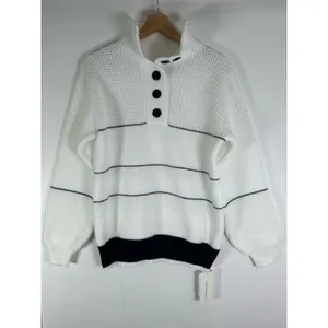 Commense White & Navy Open Collar 1/4 Button Up Sweater S NWT thumbnail 2
