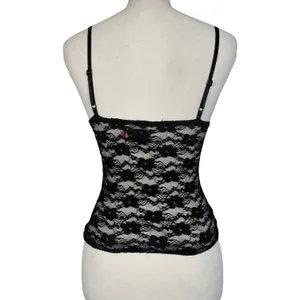 Black Lace Cami Womens XS Floral Sheer Mesh Bow V-Neck Adjustable Y2K Goth Top thumbnail 4