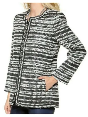 Alice + Olivia Luci Black Gray White Silver Metallic Tweed Jacket Blazer Large thumbnail 2