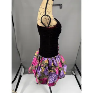 Vtg Strapless Mini Dress 8 Black Floral 80s‎ Velvet Bubble Skirt Prom Homecoming thumbnail 16