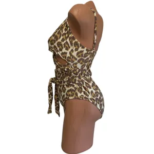 Aerie One Piece Swimsuit Medium Brown Leopard Print Wrap Cutout Tie Front Beach thumbnail 3