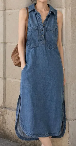 Free People Midi Denim Dress Size XS Belted Blue Summer Long Sleeveless thumbnail 1