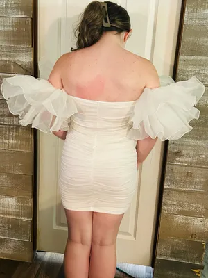 Off-Shoulder White Ruched Mini Dress with Sheer Puff Sleeves thumbnail 2