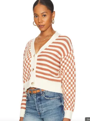 MORE TO‎ COME Sima Button Up Sweater Checkered Cropped Cardigan Brown Multi XS thumbnail 9