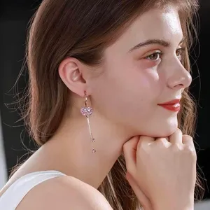 Purple Crystal Love Heart Long Tassel Dangle Drop Earrings for Women thumbnail 2