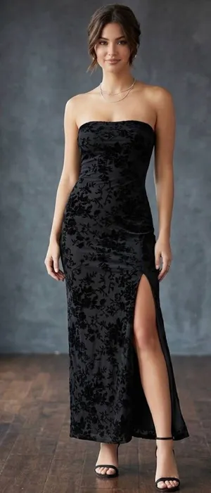 Windsor Black Velvet Burnout Floral Strapless Dress Side Slit Size M Fairygoth thumbnail 1