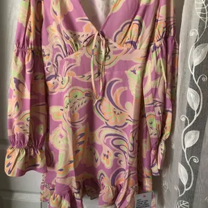 New without tag ASOS elasticated sleeve tie neck mini dress in pink floral print thumbnail 4