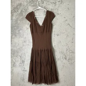 Vintage Y2K Babydoll Silk Chiffon Sequin Brown Midi Dress Small‎ Earth Fairy New thumbnail 3