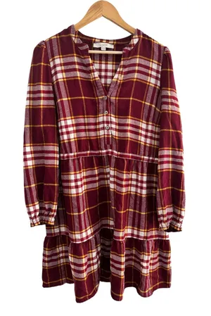 LOFT Flannel Babydoll Tiered Mini Dress Medium Red Yellow Tartan Plaid Medium thumbnail 1
