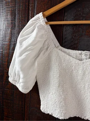 American Eagle Cotton Linen White Puff Sleeve Smocked Crop Top - M thumbnail 5