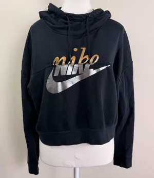 Nike Womens Black Metallic Gold Silver Logo Cropped Hoodie‎ Sweatshirt Size M thumbnail 1