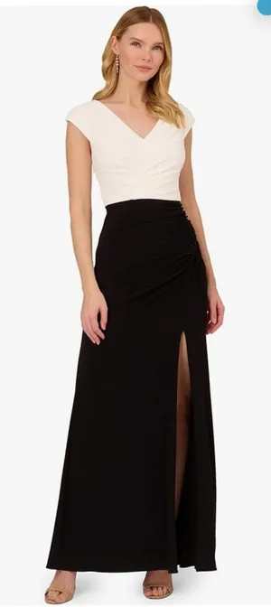 Adrianna Papell Women Pleated Layered Gown Size 4 Black And Ivory Tuxedo Dress thumbnail 1