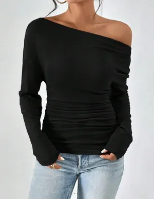 Black Off-Shoulder Ruched Top thumbnail 1