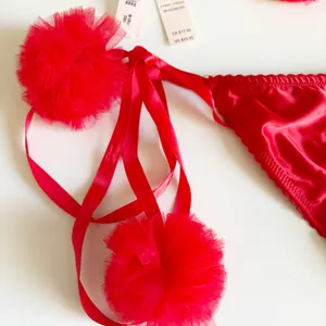 NWT Victoria's Secret Womens Red Satin Heartbreaker Pom Sexy Lingerie Set M-DD thumbnail 4