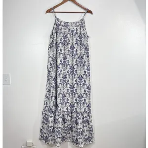 Dokotoo Boho Blue White Damask Paisley‎ Spaghetti Strap Tiered Maxi Dress XL NWT thumbnail 4