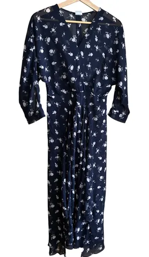 Cabi 5575 Floral Midi Dress 6 Navy Womens Sheer Chiffon V-Neck high low sheer thumbnail 1